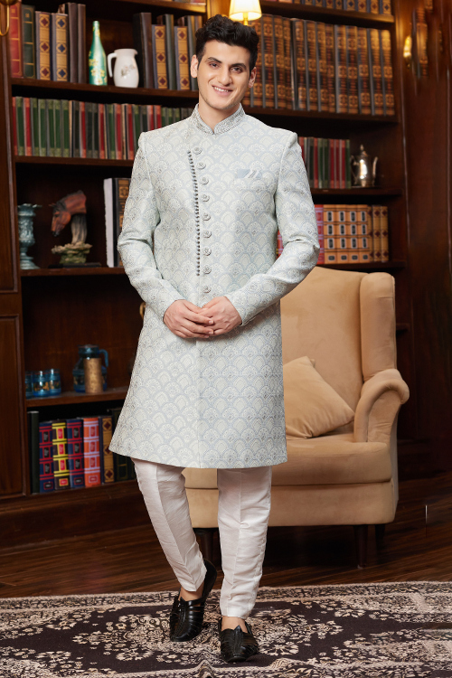 Powder Blue Silk Blend Embroidered Straight Cut Men's Sherwani