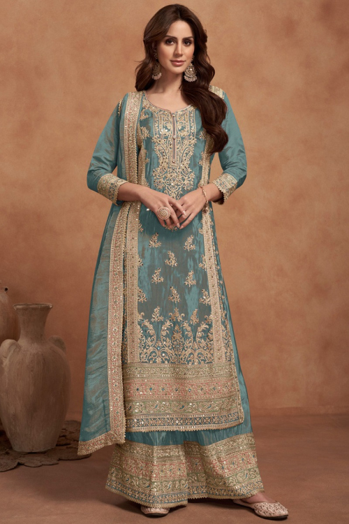 Powder Blue Silk Embroidered Straight Cut Palazzo Suit