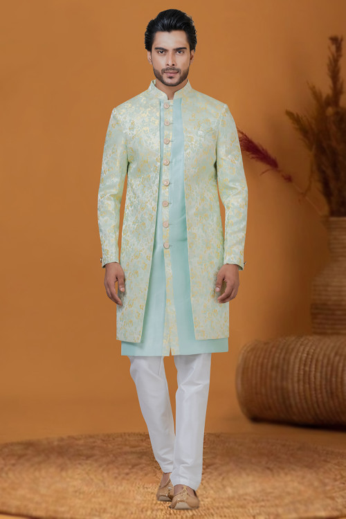 Powder Blue Silk Weaved Jacket Style Men's Sherwani