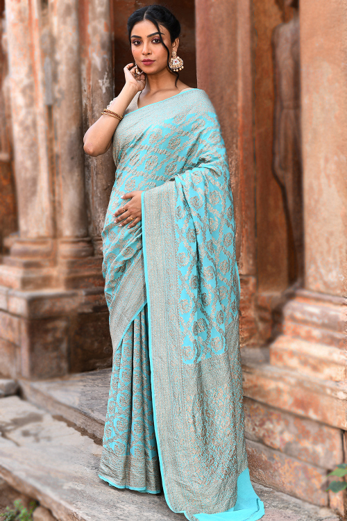 Powder Blue Soft Silk Woven Zari Broad Border Saree 