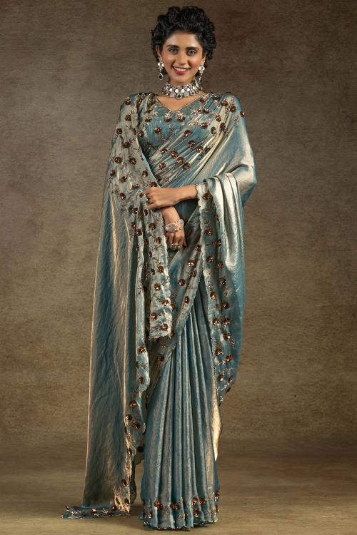 Powder Blue Tissue Silk Saree With Sequins Work For Party