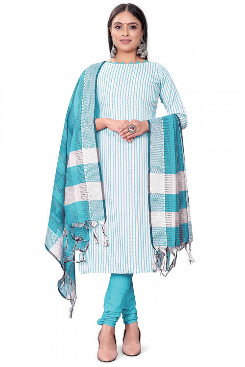 Powder Blue Weaved Thread Cotton Straight Cut Churidar Suit