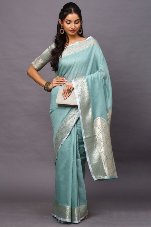 Powder Blue Weaved Zari Casual Wear Chanderi Cotton Saree 