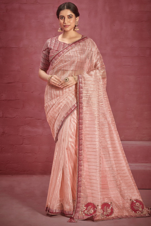 Printed and sequins work Organza silk Salmon Peach Saree