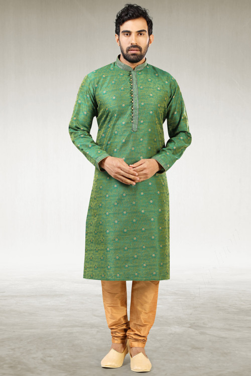 Printed And Woven Zari Jacquard Sea Green Men Kurta Pajama