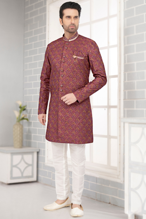 Printed Art Silk Brick Red Straight Cut Men's Sherwani 