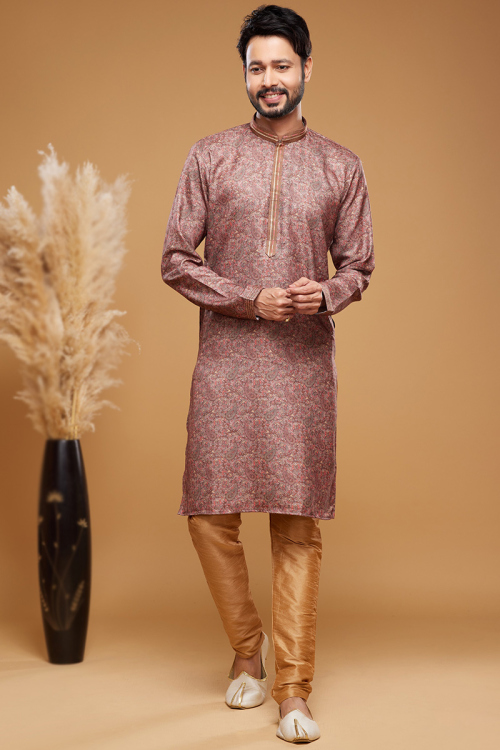 Printed Art Silk Dusty Mauve Side Slit Men's Kurta Churidar 