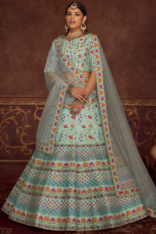 Printed Art Silk Mint Green Wedding Wear Lehenga