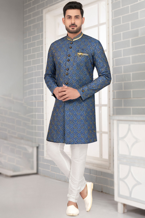 Printed Art Silk Navy Blue Straight Cut Men's Sherwani 