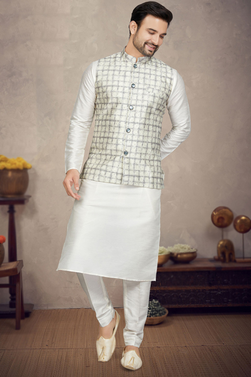 Printed Art Silk Off-White Jacket Style Men's Waist Coat 
