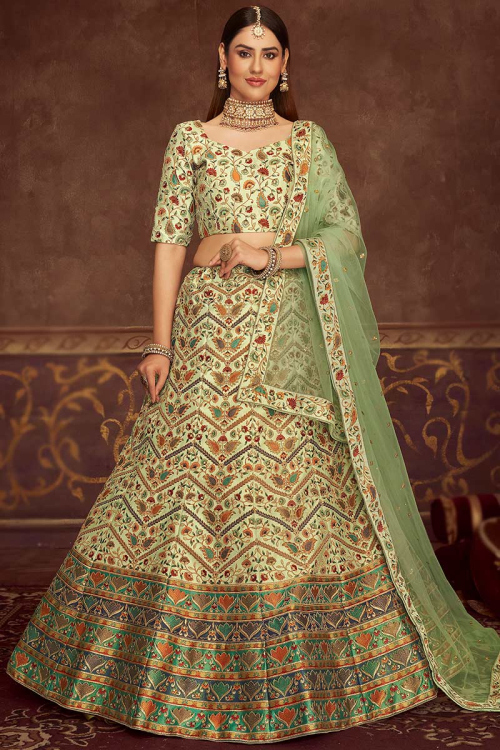 Printed Art Silk Pistachio Green Wedding Wear Lehenga