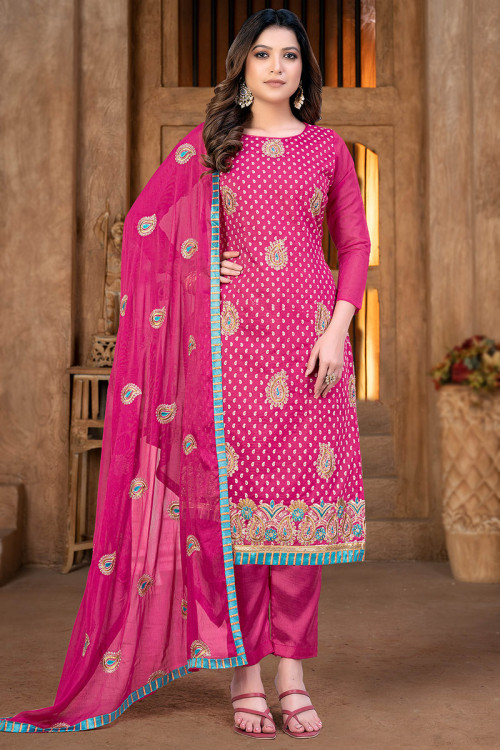 Printed Art Silk Rani Pink Trouser Suit