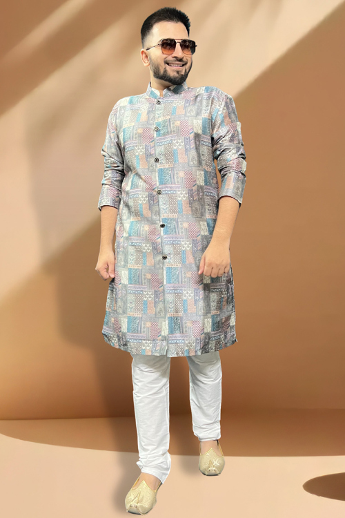 Printed Ash Grey Silk Straight Cut Men's Kurta Churidar 