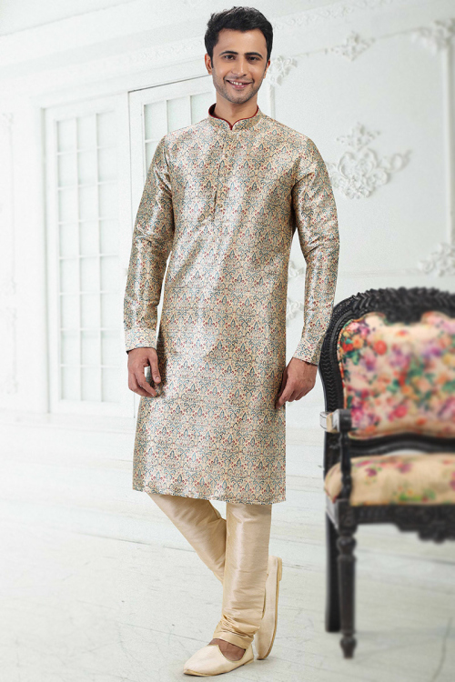 Printed Banarasi Silk Cream Beige Men's Kurta Churidar