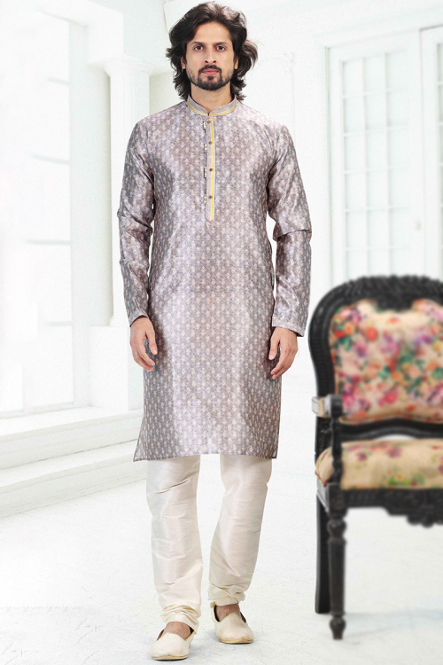 Printed Banarasi Silk Light Grey Men's Kurta Churidar