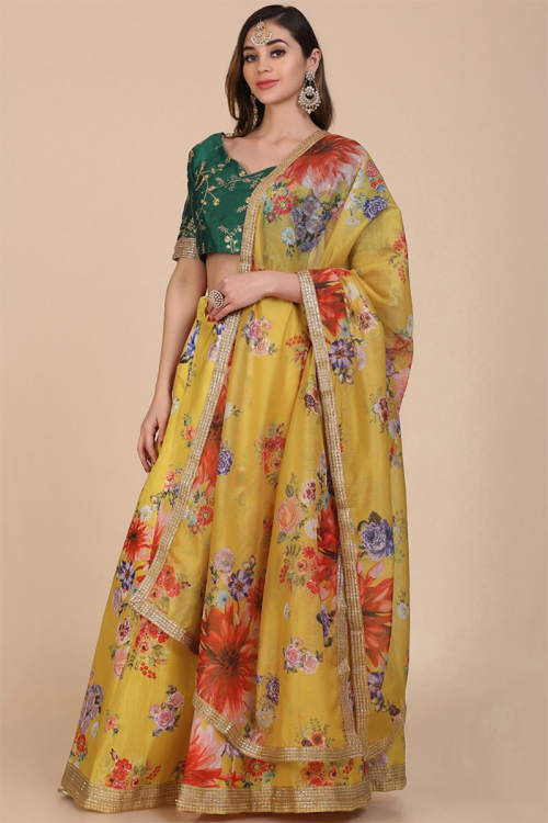 Printed Bangalori Silk Mustard Yellow Lehenga