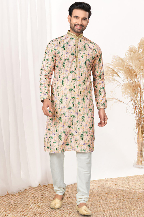 Printed Beige Cotton Straight Cut Men's Kurta Churidar