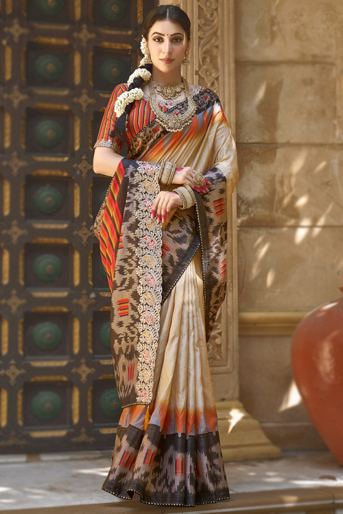 Printed Beige Silk Light Weight Saree