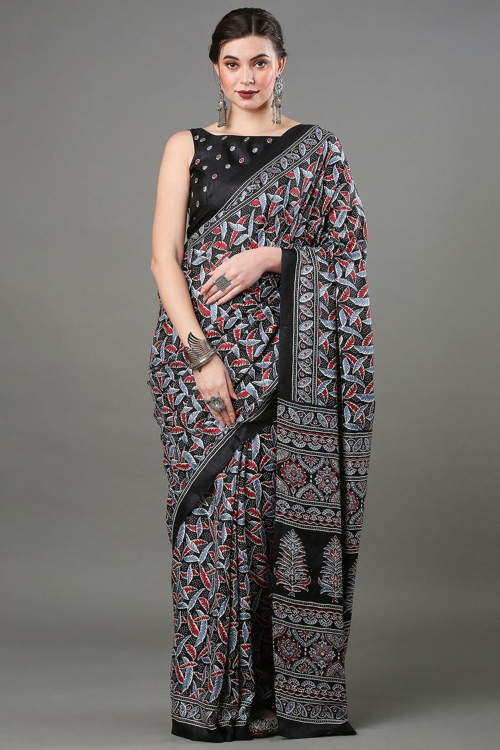 Printed Black Casual Wear Silk Saree