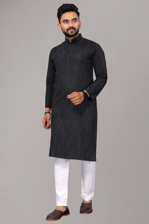 Printed Black Cotton Men Kurta Pajama for Wedding & Party