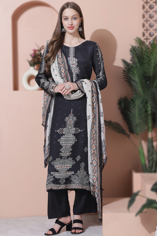 Printed Black Cotton Silk Straight Cut Suit