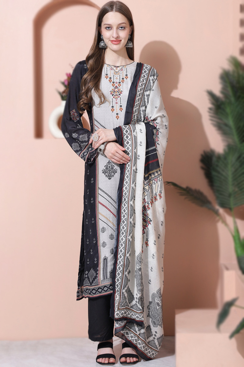 Printed Black Cotton Straight Cut Suit