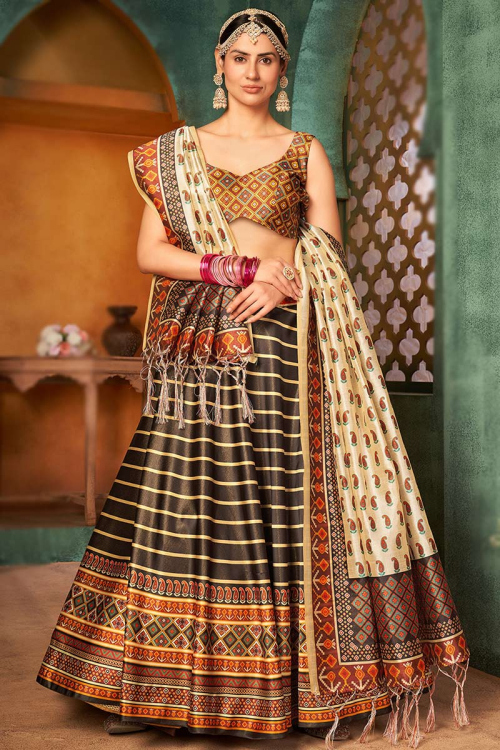 Printed Brown Silk Lehenga