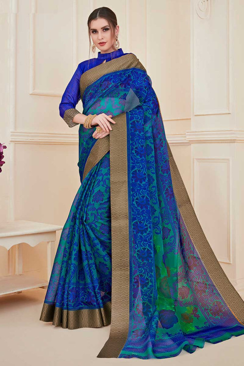 Buy Printed Blue Chiffon Saree With Art silk Blouse Online - SARV02296 ...