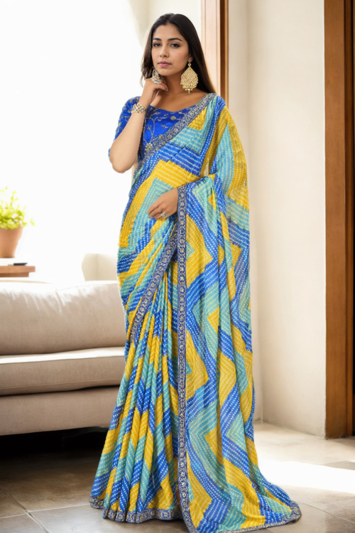 Printed Blue Chinnon Bandhej Saree 