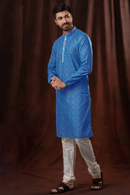 Printed Blue Poly Cotton Straight Cut Men Kurta Pajama