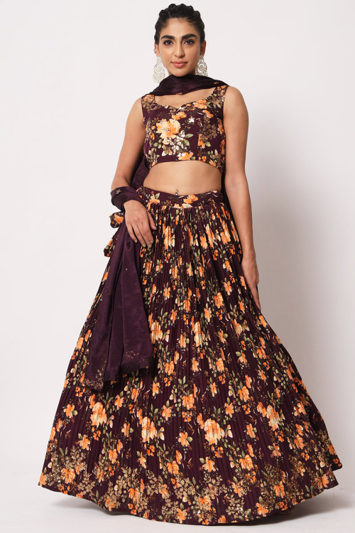 Printed Burgundy Maroon Silk A Line Lehenga