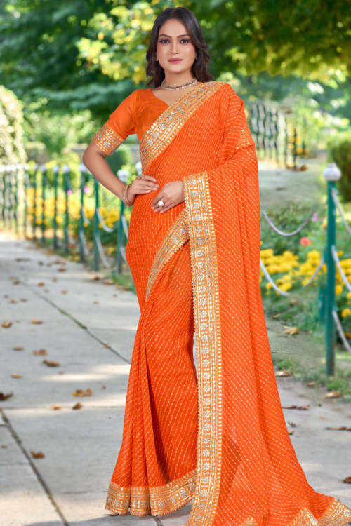 Printed Carrot Orange Light Weight Georgette Saree