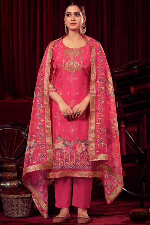 Printed Cerise Pink Organza Casual Wear Straight Cut Suit 