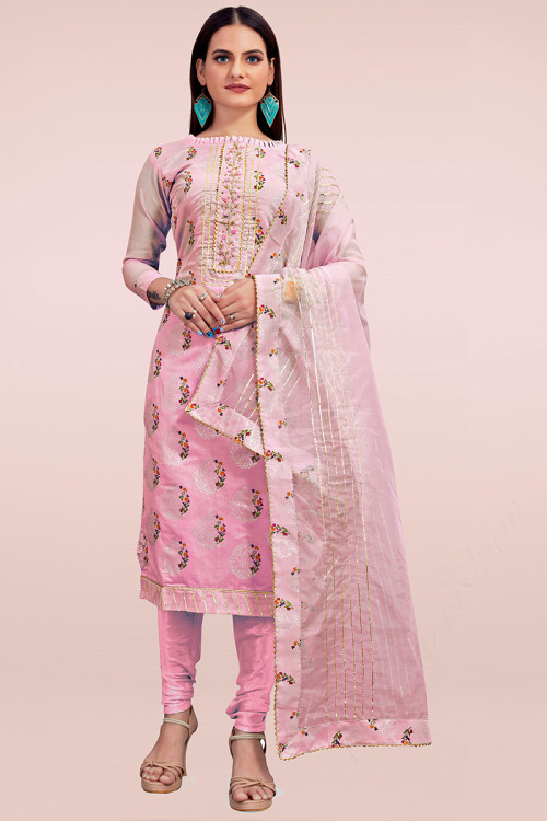 Printed Chanderi Taffy Pink Churidar Suit