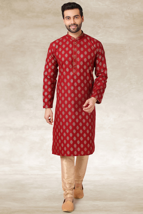 Printed Cherry Red Cotton Men's Straight Cut Kurta Churidar