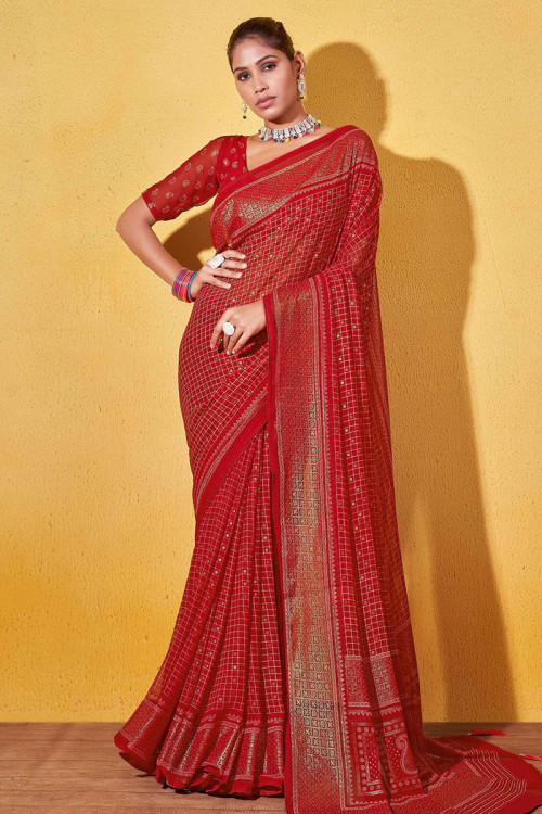 Printed Cherry Red Georgette Light Weight Saree