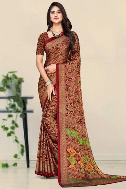 Deep Red Woven Party Wear Saree in Chiffon