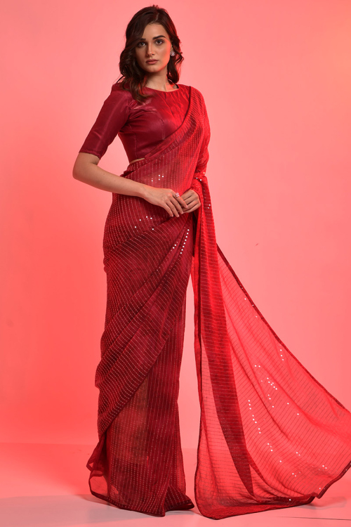 Deep Red Chiffon Saree for Party Wear with Thread embroidery