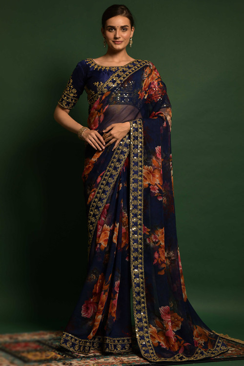 Navy Blue Chiffon Saree for Party Wear with Printed