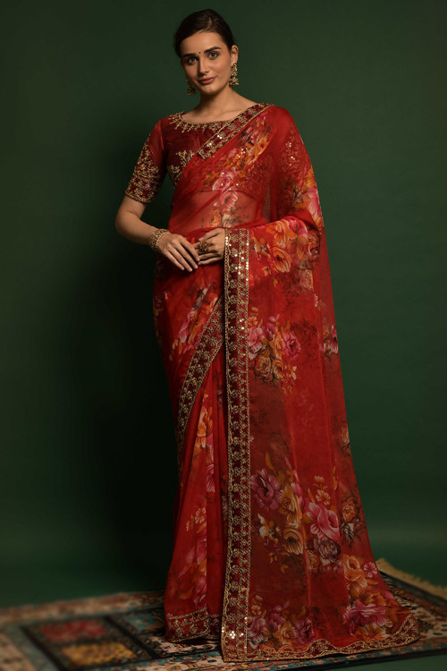Saree in Chiffon Red with Printed for Wedding 