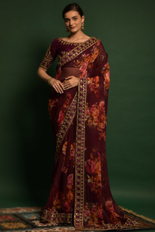 Saree in Wine Maroon Chiffon for Wedding Wear with Printed