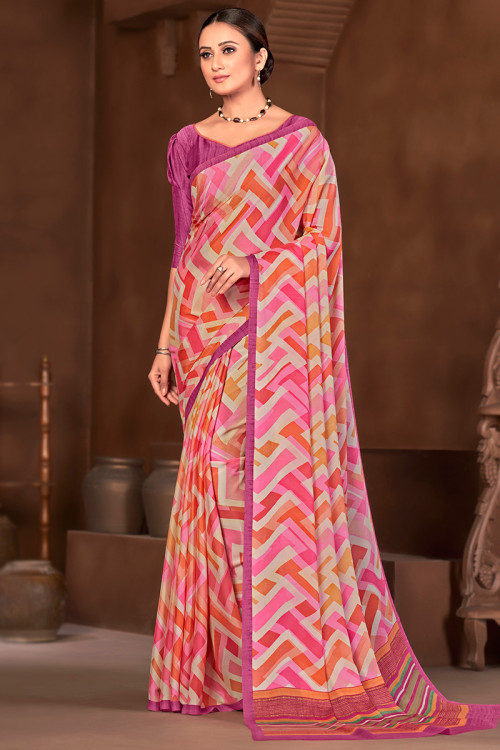 Multi Color Chinnon Woven Saree with Printed