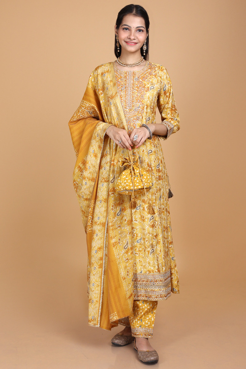 Tailored Mustard Yellow Trouser Suit with Foil Print LSTV122371