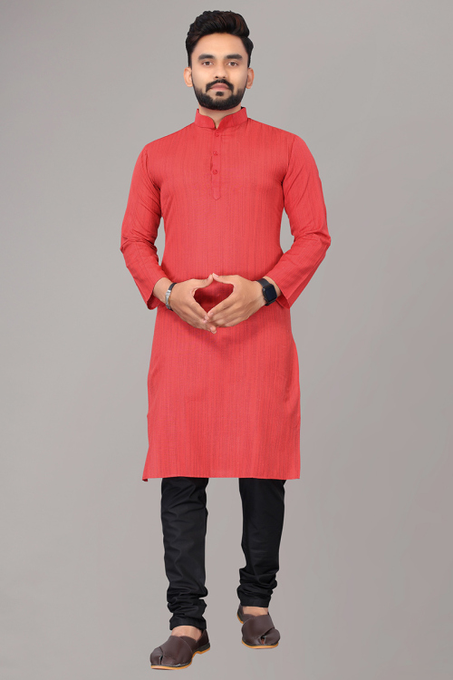 Printed Cotton Carrot Red Men Kurta for Wedding & Party