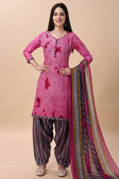 Printed Cotton Casual Wear Lavender Pink Patiala Suit