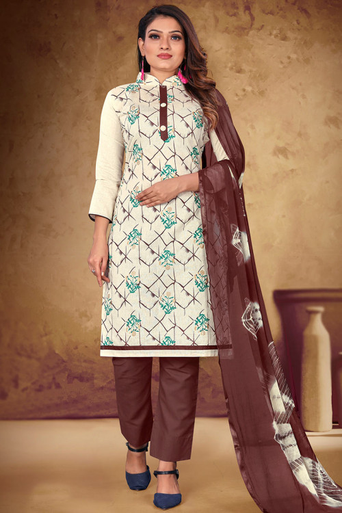 Trouser Suit for Party Wear in Cotton Cream with Printed