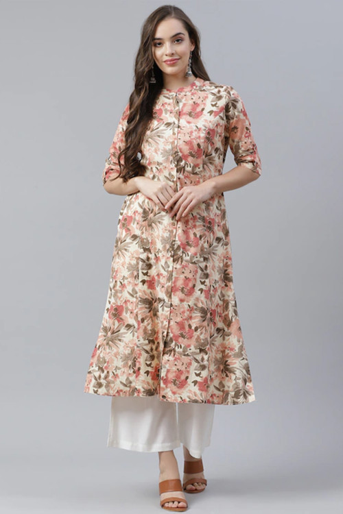 Cream Cotton Kurti for Casual Wear with Printed