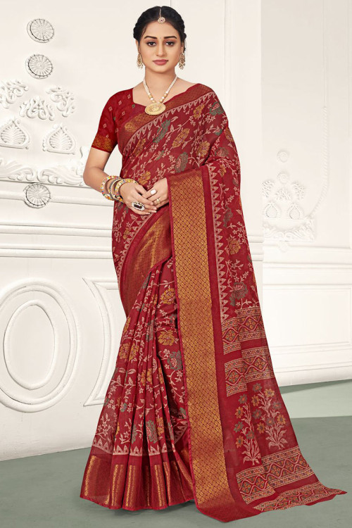Saree in Cotton Deep Red with Printed for Casual Wear