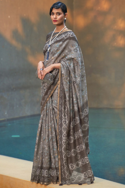 Cotton Saree with Printed in Grey Beige for Casual Wear