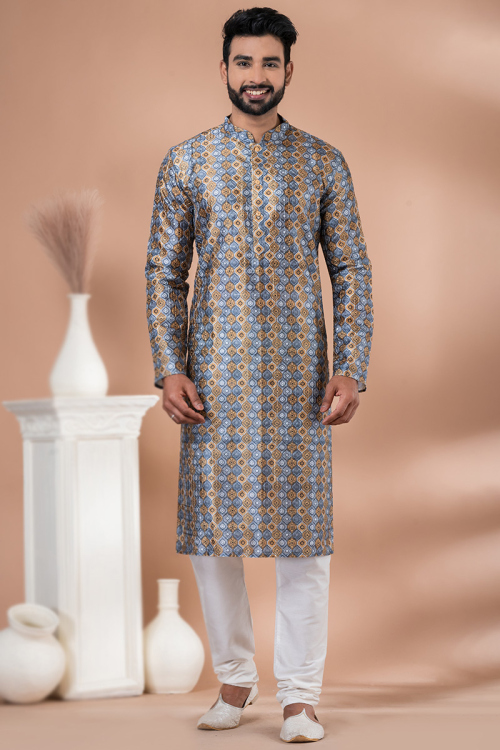 Printed Cotton Grey Straight Cut Men's Kurta With Churidar